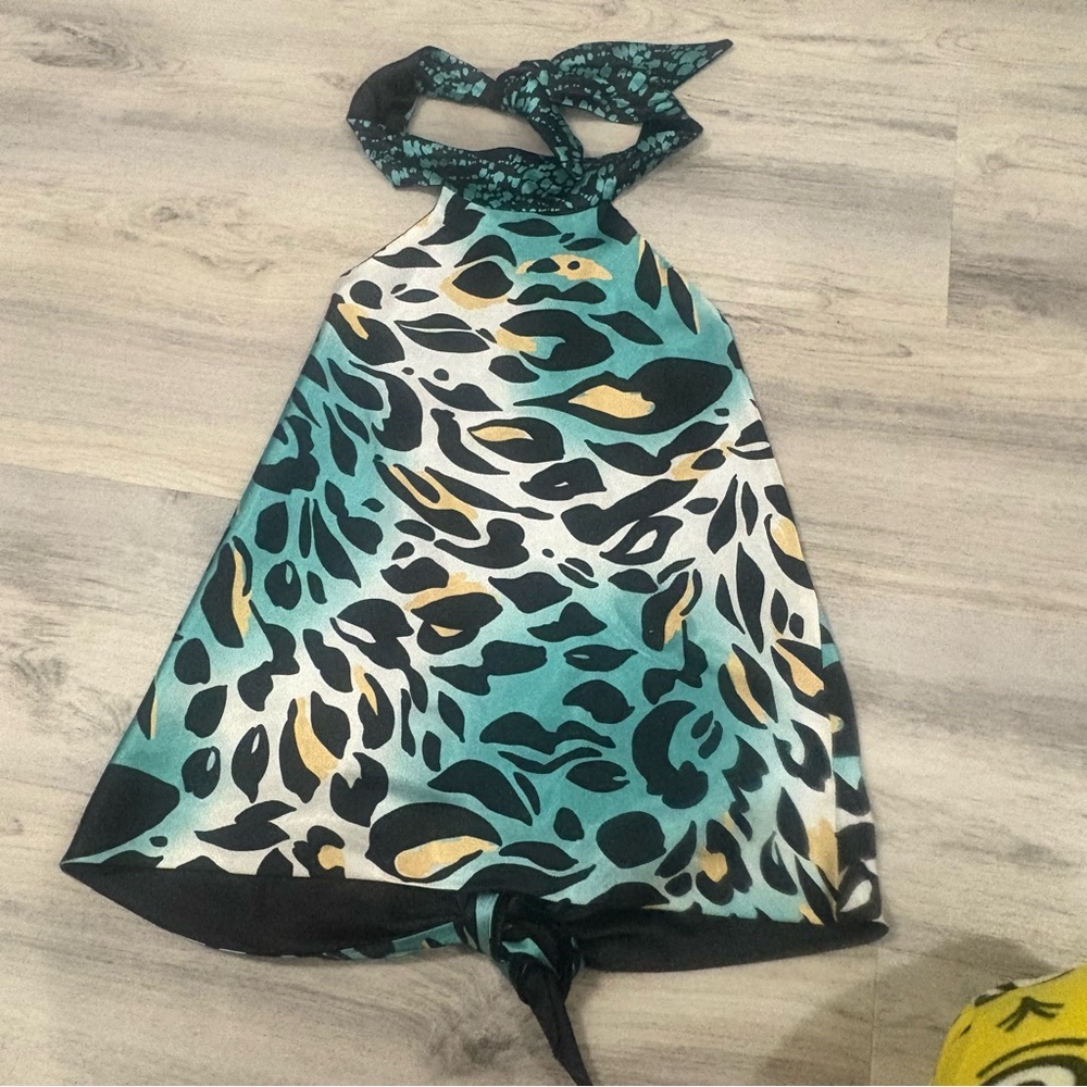 Le Chateau Vintage Animal Print Satin Halter Blue Black Gold One Size